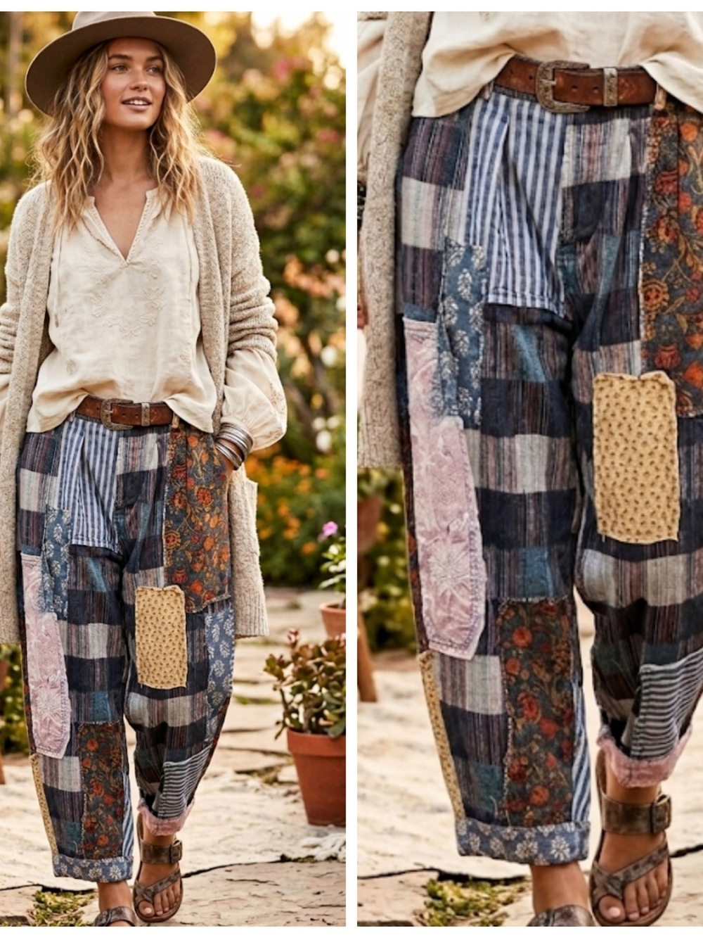 Multi Patchwork Distressed Vintage Wash Pants